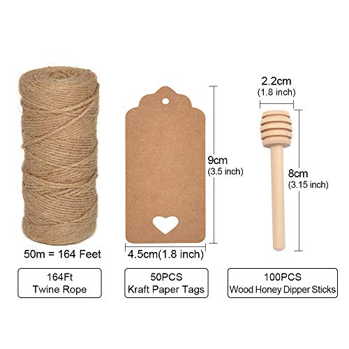 BNK 100Pcs 3 Inch Wood Honey Dipper Sticks with Natural Jute Twine & Kraft Paper Tags for Honey Jar Dispense Drizzle Honey Wedding Party Family by BNK - Image 2