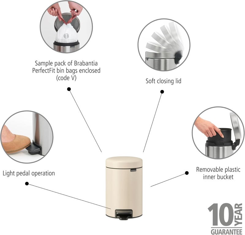 Brabantia NewIcon Pedal Bin 3L - Soft Beige Small Waste Bin with Soft Close Lid - Image 2