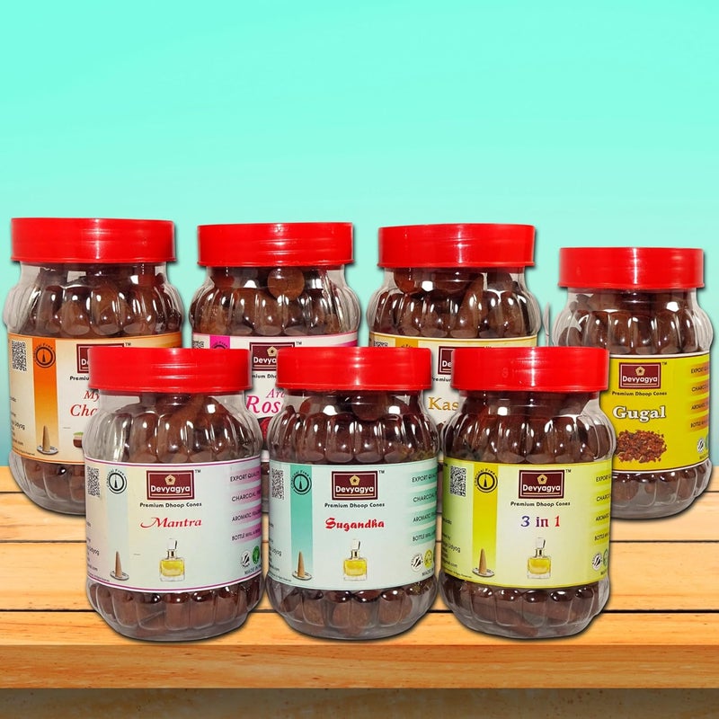 Devyagya Premium Dhoop Cones 7 Jar Pack Multi Fragrances 90G Each Combo of Traditional Fancy and Spritual Fragrances for Home and Office Charcoal Free Premium Fragrances - Image 1