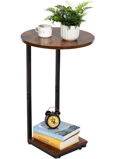 INDIAN DECOR 61202 Round Side Table C Table End Table for Small Space C Shaped Tall Slide Under Couch Tables Bedside Snack Table for Living Room Bedroom Rustic Brown Round