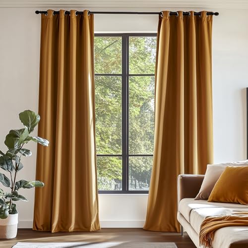 Lazzzy Blackout Velvet Curtains Gold Thermal Insulated Curtains 84 Inch Long for Bedroom Living Room Drapes Window Treatments Grommet Set of 2 Panels Gold Brown