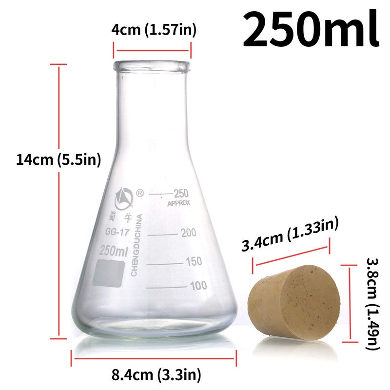 Young4us Glass Erlenmeyer Flask Set, (250 ml, 150 ml & 50 ml) Graduated Borosilicate Glass Erlenmeyer Flasks with Rubber Stoppers & Accurate Scales for Lab, Experiment, Chemistry, Science Studies etc - Image 2