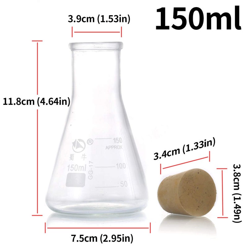 Young4us Glass Erlenmeyer Flask Set, (250 ml, 150 ml & 50 ml) Graduated Borosilicate Glass Erlenmeyer Flasks with Rubber Stoppers & Accurate Scales for Lab, Experiment, Chemistry, Science Studies etc - Image 3