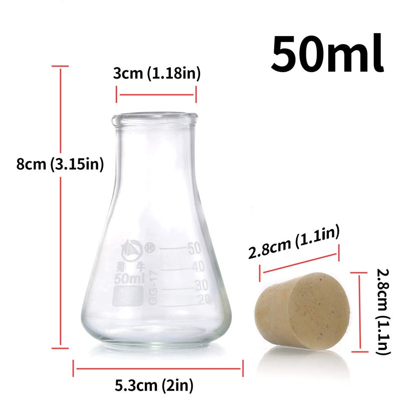 Young4us Glass Erlenmeyer Flask Set, (250 ml, 150 ml & 50 ml) Graduated Borosilicate Glass Erlenmeyer Flasks with Rubber Stoppers & Accurate Scales for Lab, Experiment, Chemistry, Science Studies etc - Image 4