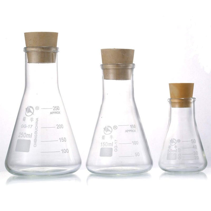 Young4us Glass Erlenmeyer Flask Set, (250 ml, 150 ml & 50 ml) Graduated Borosilicate Glass Erlenmeyer Flasks with Rubber Stoppers & Accurate Scales for Lab, Experiment, Chemistry, Science Studies etc - Image 1