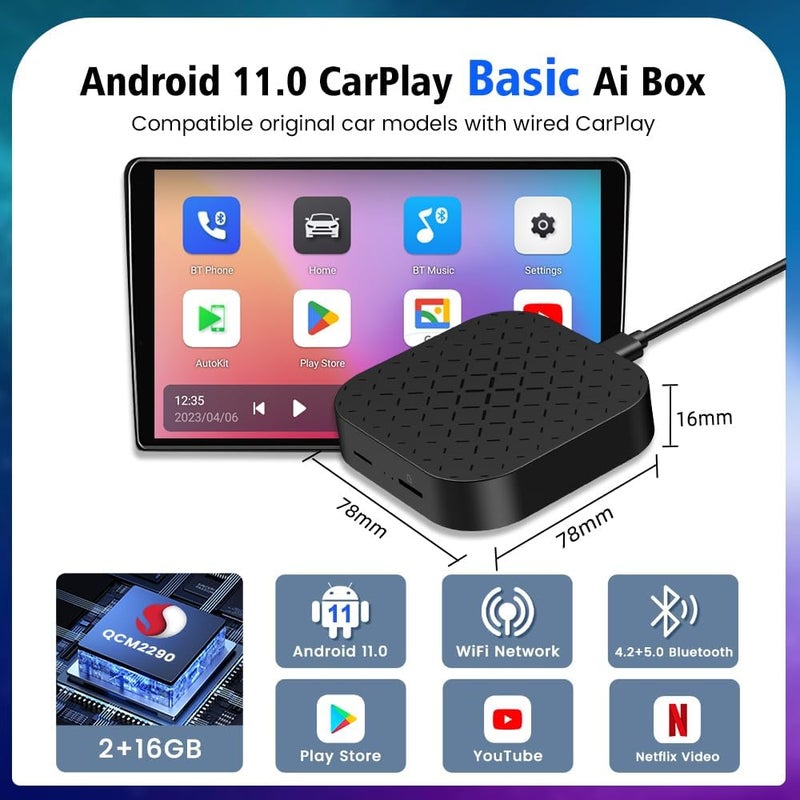 كار لينكيت كارلينكيت صندوق أندرويد AI الأساسي، 2 جيجابايت + 16 جيجابايت، معالج Qualcomm Snapdragon 2290 رباعي النواة، ثلاثة في واحد: أندرويد 11.0 وCarPlay اللاسلكي وAndroid Auto اللاسلكي - Image 3