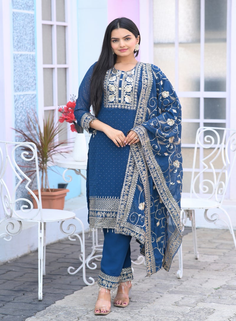 Super Asian Elegant Fox Georgette Sequence Embroidered Top with Stone Work, Paired with Matching Pants & Dupatta – Complete Glamorous Ensemble - Image 1