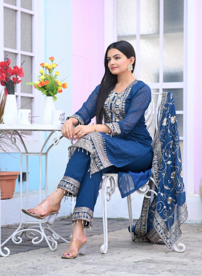 Super Asian Elegant Fox Georgette Sequence Embroidered Top with Stone Work, Paired with Matching Pants & Dupatta – Complete Glamorous Ensemble - Image 2