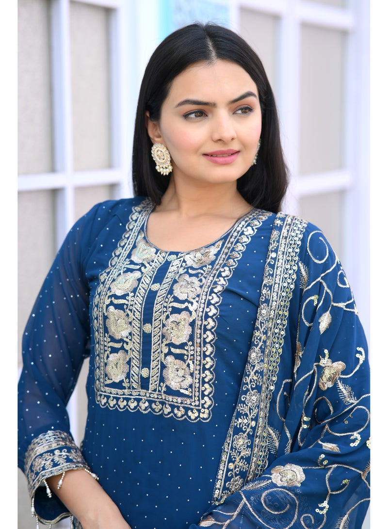 Super Asian Elegant Fox Georgette Sequence Embroidered Top with Stone Work, Paired with Matching Pants & Dupatta – Complete Glamorous Ensemble - Image 5