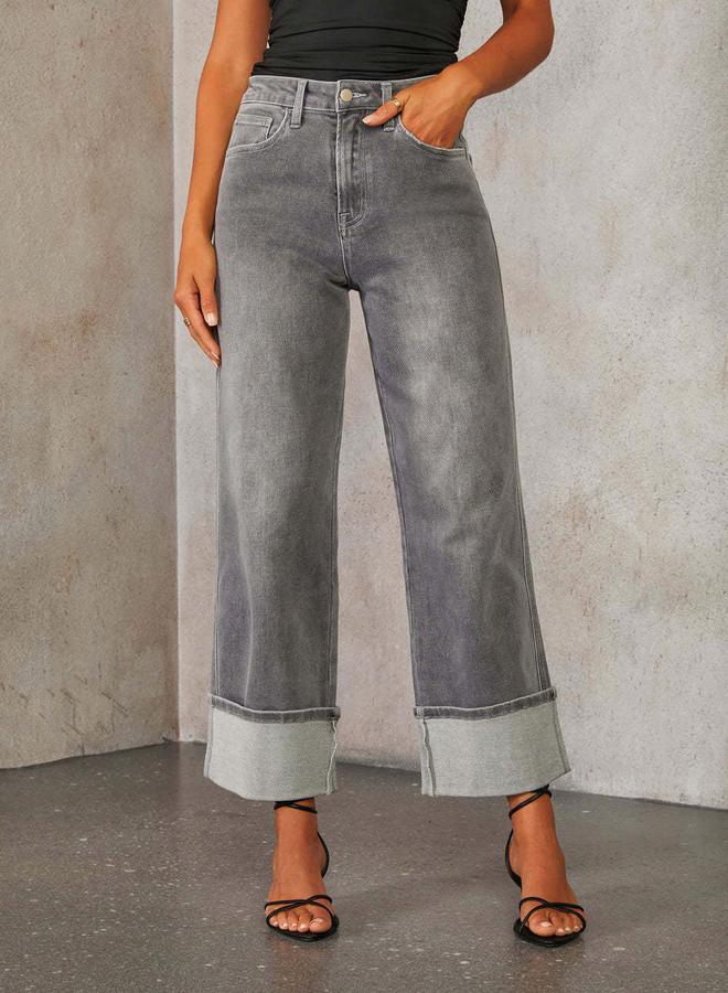 Take Two Grey Mid-Rise Straight-Leg Cuffed Jeans - Image 1
