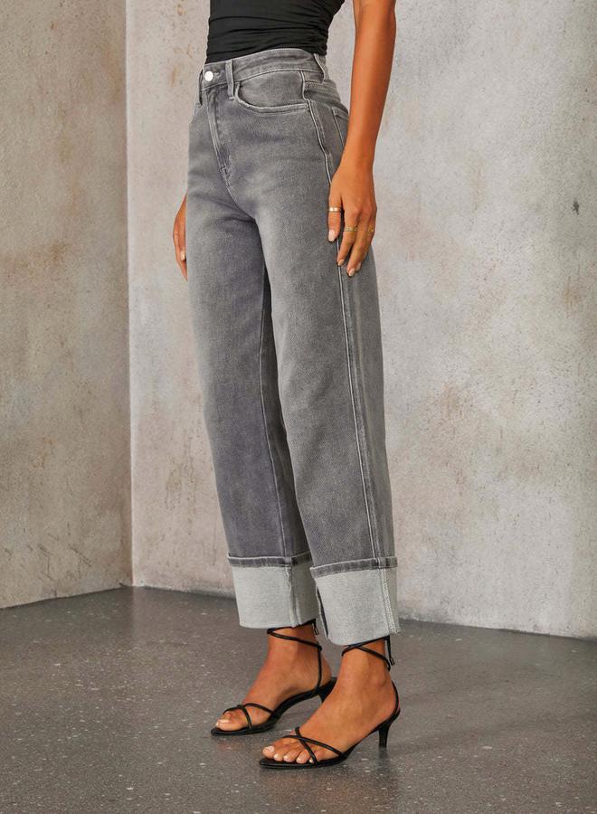 Take Two Grey Mid-Rise Straight-Leg Cuffed Jeans - Image 4