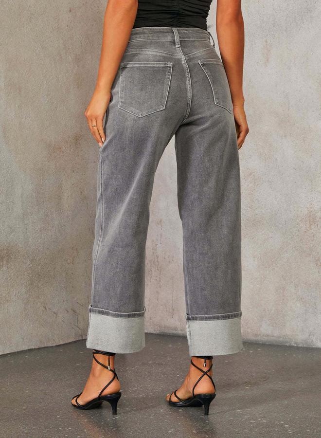 Take Two Grey Mid-Rise Straight-Leg Cuffed Jeans - Image 3