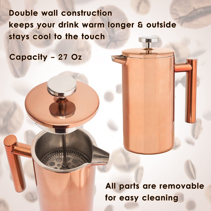Mixpresso Stainless Steel French Press Coffee Maker 27 Oz 800L Double Wall Metal Insulation Coffee Press & Tea Brewer Easy Clean & Easy Press  Strong Quality Coffee Press  Bronze - Image 2