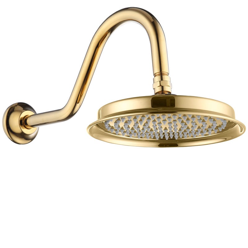 Drettyer Rain Shower Head 9 Vintage Shower Heads with Extension Curved Shower Arm Traditional Round Rainfall Showerhead Replacement for Shower System Bright Gold