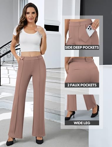 DLOODA Women's Dress Pants Business Casual Stretchy Work Pants High Waisted Pull On Slacks Office Wide Leg Trousers Coffee - Image 4