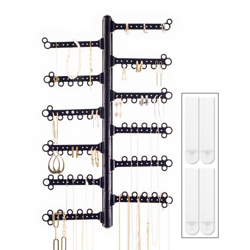 AllHungUp 12-Tier Wall Jewelry Organizer Wall Mounted Jewelry Organizer Necklace Holder Wall Mount Hanging Necklace Organizer Jewelry Hanger Wall Mounted Earring Holder Display Earring Organizer Black