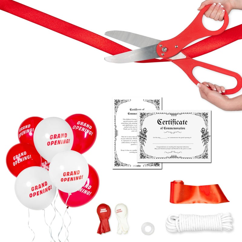 مجموعة كيرتيلو ديلوكس لقص الشريط العملاق 20 مقص عملاق مجموعة مقصات حادة بمقابض حمراء مقصات XL 30 قدم من شريط أحمر بعرض 4 10 قدم لافتة 10 بالونات حمراء 10 بالونات بيضاء حبل لافتة حبل بالونات