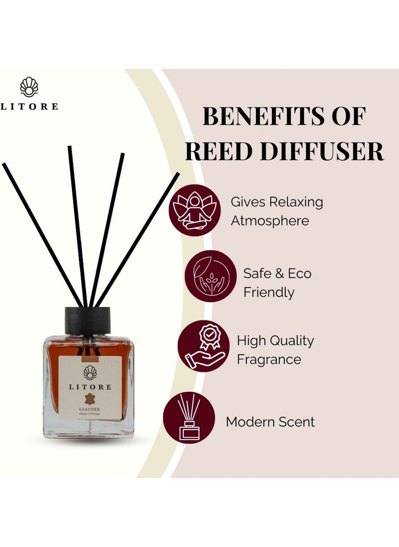 Litore Leather Reed Diffuser, Best Diffuser Aromatherapy Perfume, Home Fragrance, Oil Diffuser & Reed Diffuser Sticks- Perfect for Home & Office - 100 ml