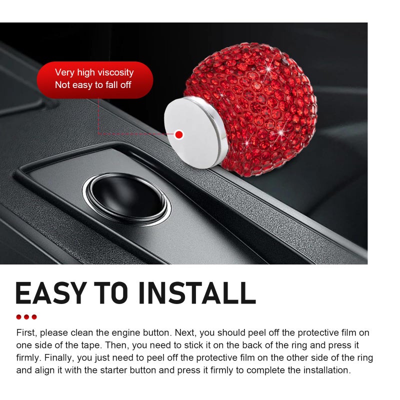 winterrock Bling Car Push Start Button Cover, Crystal Rhinestone Auto Ball Engine Start Button Ring Sticker, Cute Joystick Engine Ignition Switch Knob Decal, Universal Car Decor for Girls (Red) - Image 3