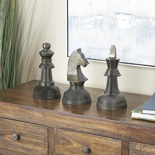 Deco 79 CosmoLiving by Cosmopolitan Aluminum Metal Chess Decorative Sculpture Home Decor Statues with Knight, Queen and King, Set of 3 Accent Figurines 9", 9", 10"H, Dark Gray - Image 3