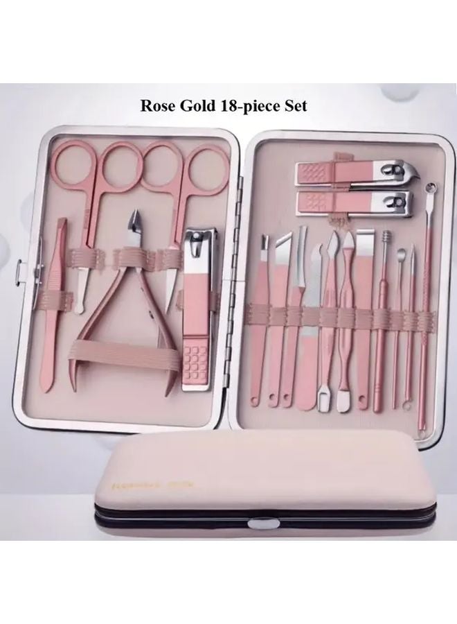 مجموعة قصاصة أظافر بلون وردي ذهبي 18 قطعة طقم العناية بالأظافر المقاوم للرش مع تغليف هدية - Image 1