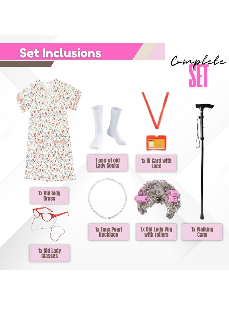Home Smart Home Smart Granny Costume Dress for Girls 7pcs Old Lady Outfit with Accessories for Cosplay and Theme Parties  - Image 3