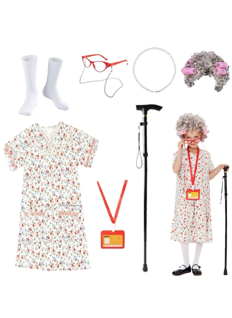Home Smart Home Smart Granny Costume Dress for Girls 7pcs Old Lady Outfit with Accessories for Cosplay and Theme Parties  - Image 1
