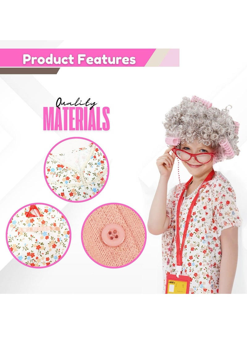 Home Smart Home Smart Granny Costume Dress for Girls 7pcs Old Lady Outfit with Accessories for Cosplay and Theme Parties  - Image 4