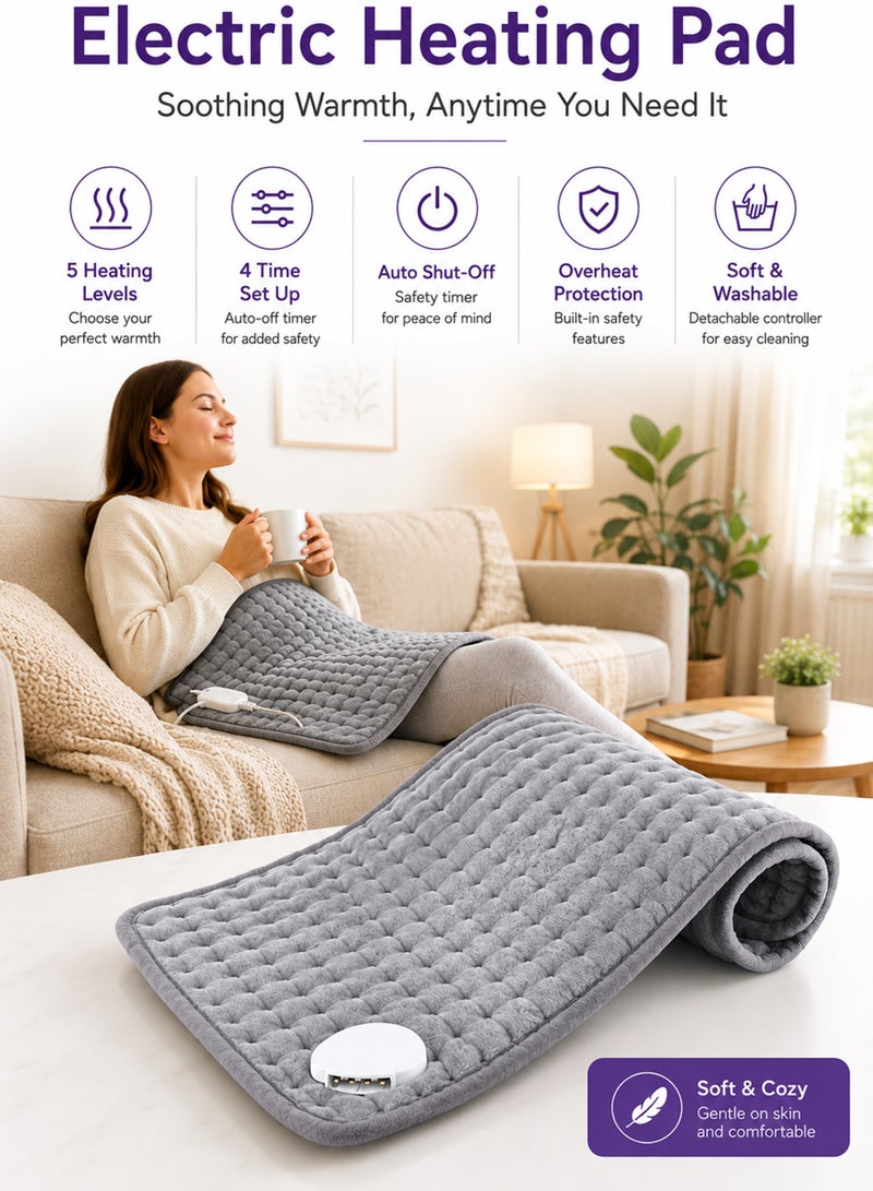 DBLEW Heating Pad for Period Cramps Back Neck Shoulder Belly Leg and Knee Pain Relief 56x30cm with 5 Heat Levels Auto Shut Off Machine Washable Soft Plush Grey - Image 1