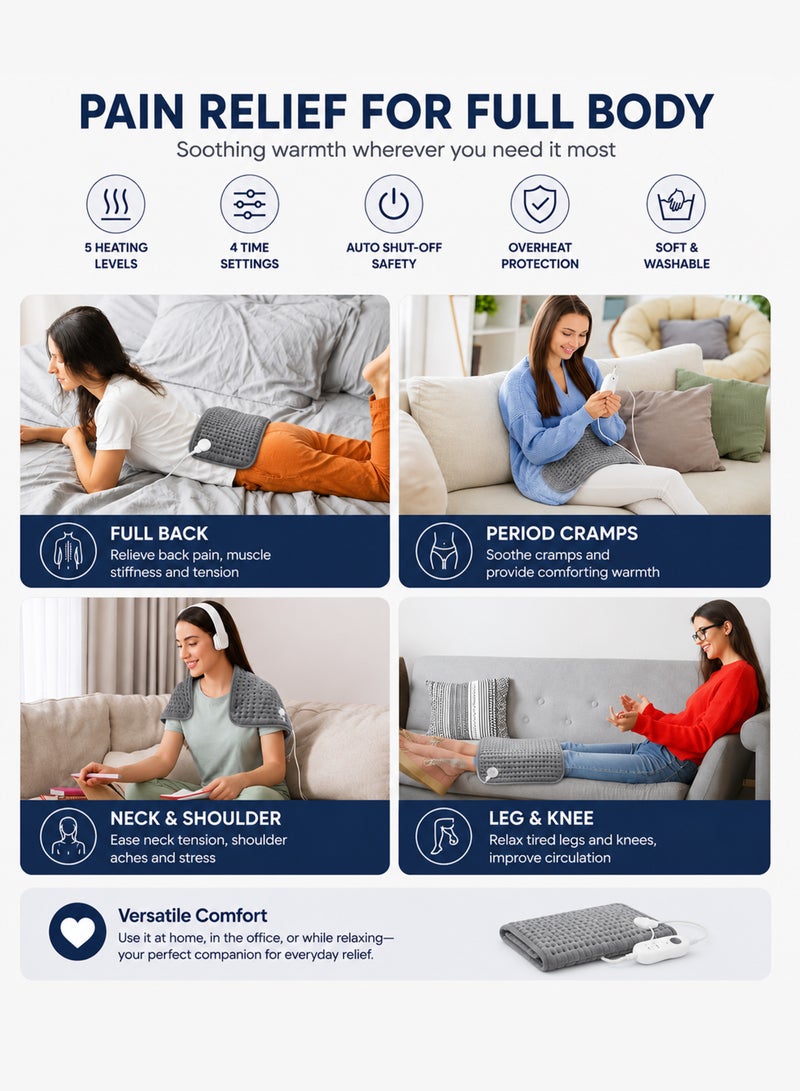DBLEW Heating Pad for Period Cramps Back Neck Shoulder Belly Leg and Knee Pain Relief 56x30cm with 5 Heat Levels Auto Shut Off Machine Washable Soft Plush Grey - Image 4