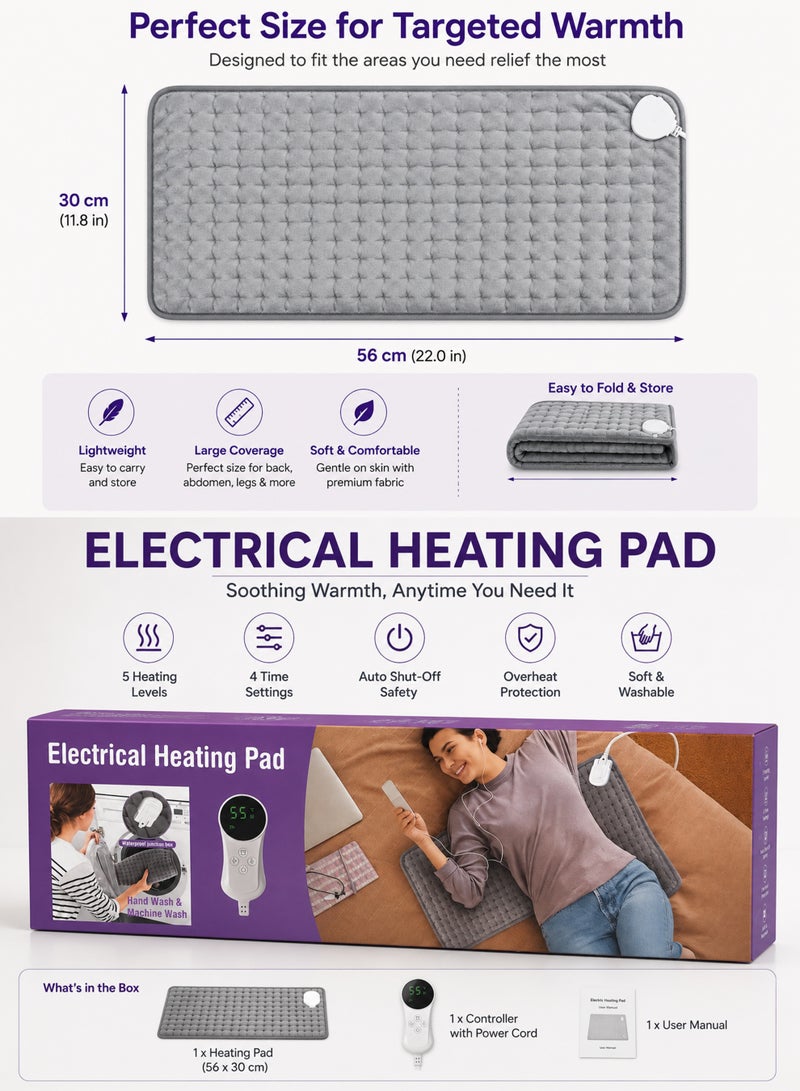 DBLEW Heating Pad for Period Cramps Back Neck Shoulder Belly Leg and Knee Pain Relief 56x30cm with 5 Heat Levels Auto Shut Off Machine Washable Soft Plush Grey - Image 3