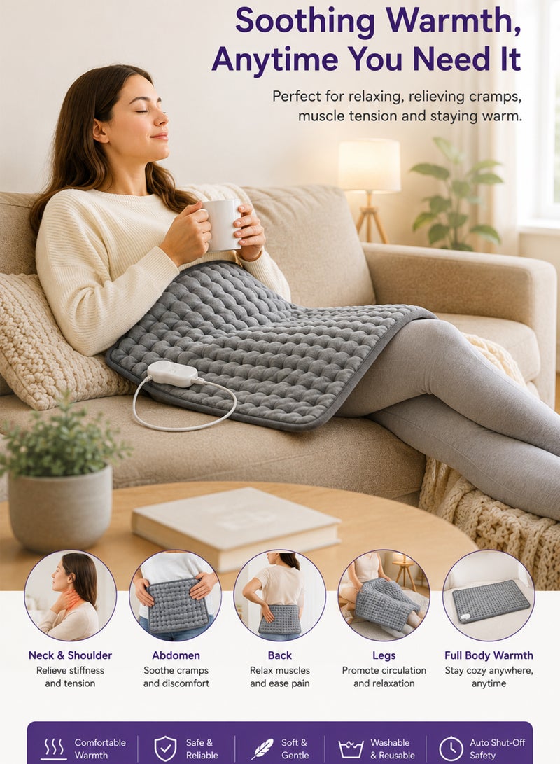 DBLEW Heating Pad for Period Cramps Back Neck Shoulder Belly Leg and Knee Pain Relief 56x30cm with 5 Heat Levels Auto Shut Off Machine Washable Soft Plush Grey - Image 2
