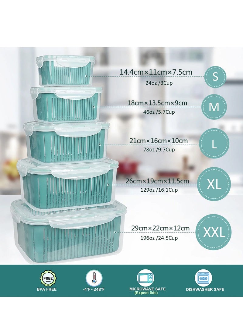 5 Packs Fridge Organizers, Produce Saver with Draining Basket, Fridge Food Storage Container for Refrigerators, Cabinets, Countertops