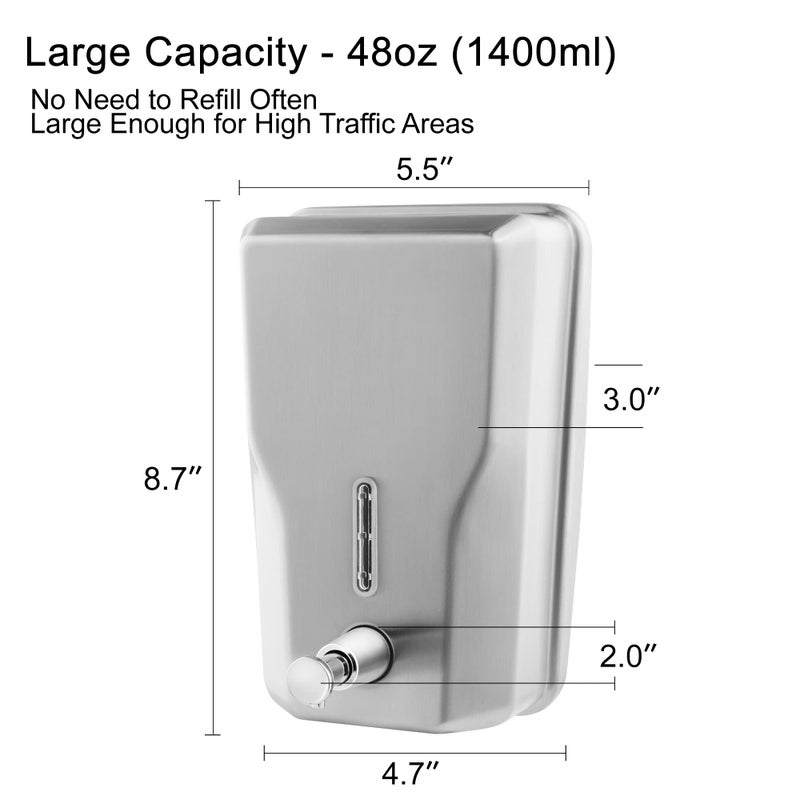 VANNSOO Wall Mount Stainless Steel Soap Dispenser for Bathroom, 48oz (1400ml) Commercial Wall Mounted Metal Liquid Refillable Hand Soap Dispenser - Image 3