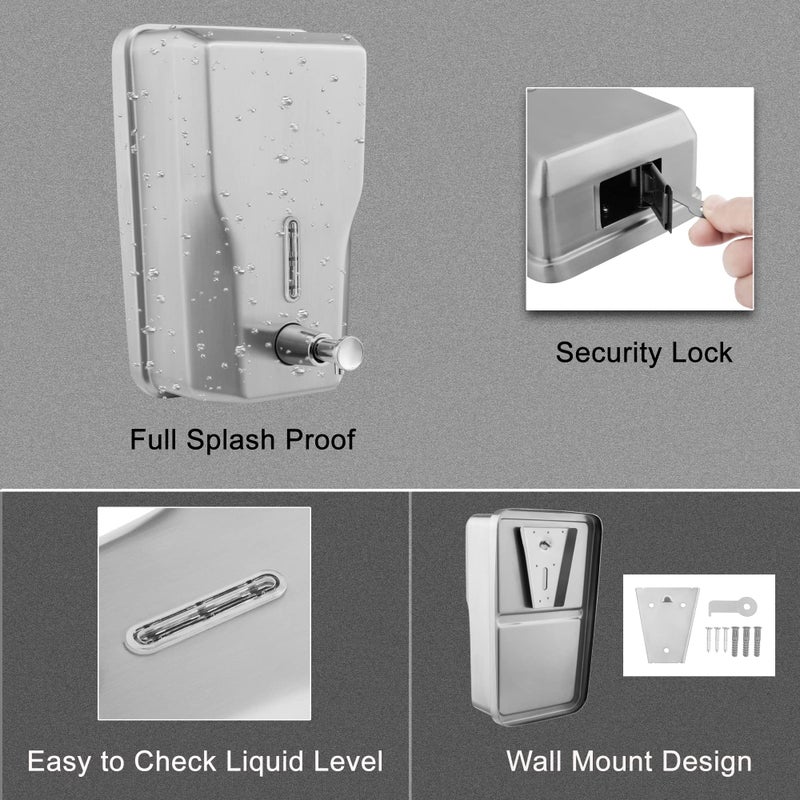 VANNSOO Wall Mount Stainless Steel Soap Dispenser for Bathroom, 48oz (1400ml) Commercial Wall Mounted Metal Liquid Refillable Hand Soap Dispenser - Image 4