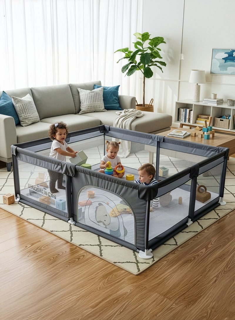 بيبي سياج كبير لحظيرة لعب الأطفال (١٥٠×١٨٠ سم) | حظيرة لعب للأطفال مزودة بقفل سحاب وحماية من الزوايا | مركز أنشطة للأطفال الرضع داخليًا وخارجيًا | منطقة لعب قابلة للطي للأطفال | حظيرة لعب للأطفال الرضع | حظيرة لعب خارجية للأطفال حتى سن ٥ سنوات، لون أسود - Image 1