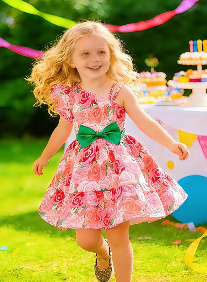 تايك تو Girls Floral Print Dress with Bow Detail