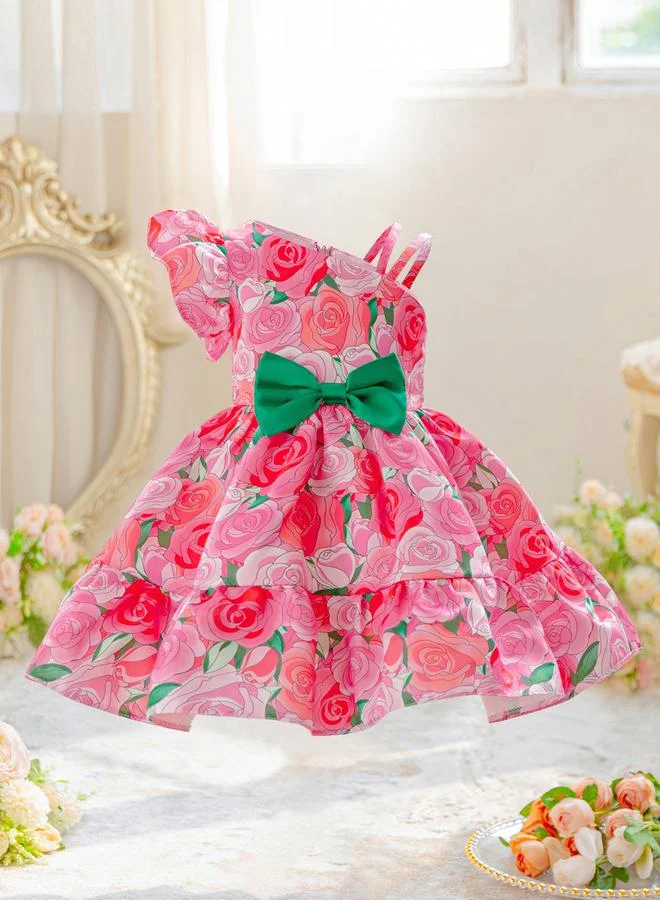 تايك تو Girls Floral Print Dress with Bow Detail