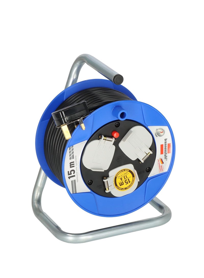 Brennenstuhl Compact 3-Way Socket Cable Reel – 15 Meter Cord, Thermal Cut-Out Protection, Black Cable (Made in Germany) - Image 1