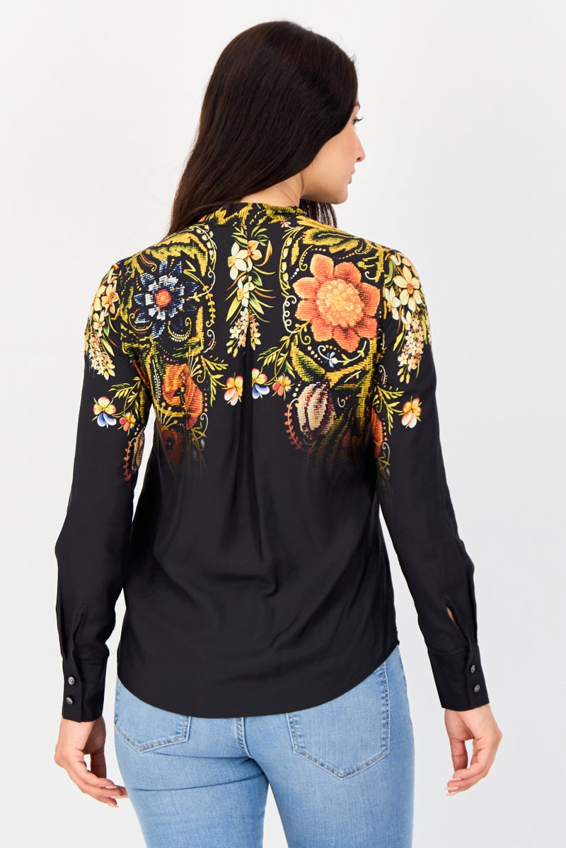 DESIGUAL Women Tie Neck Long Sleeves Floral Print Blouse, Multicolor - Image 3