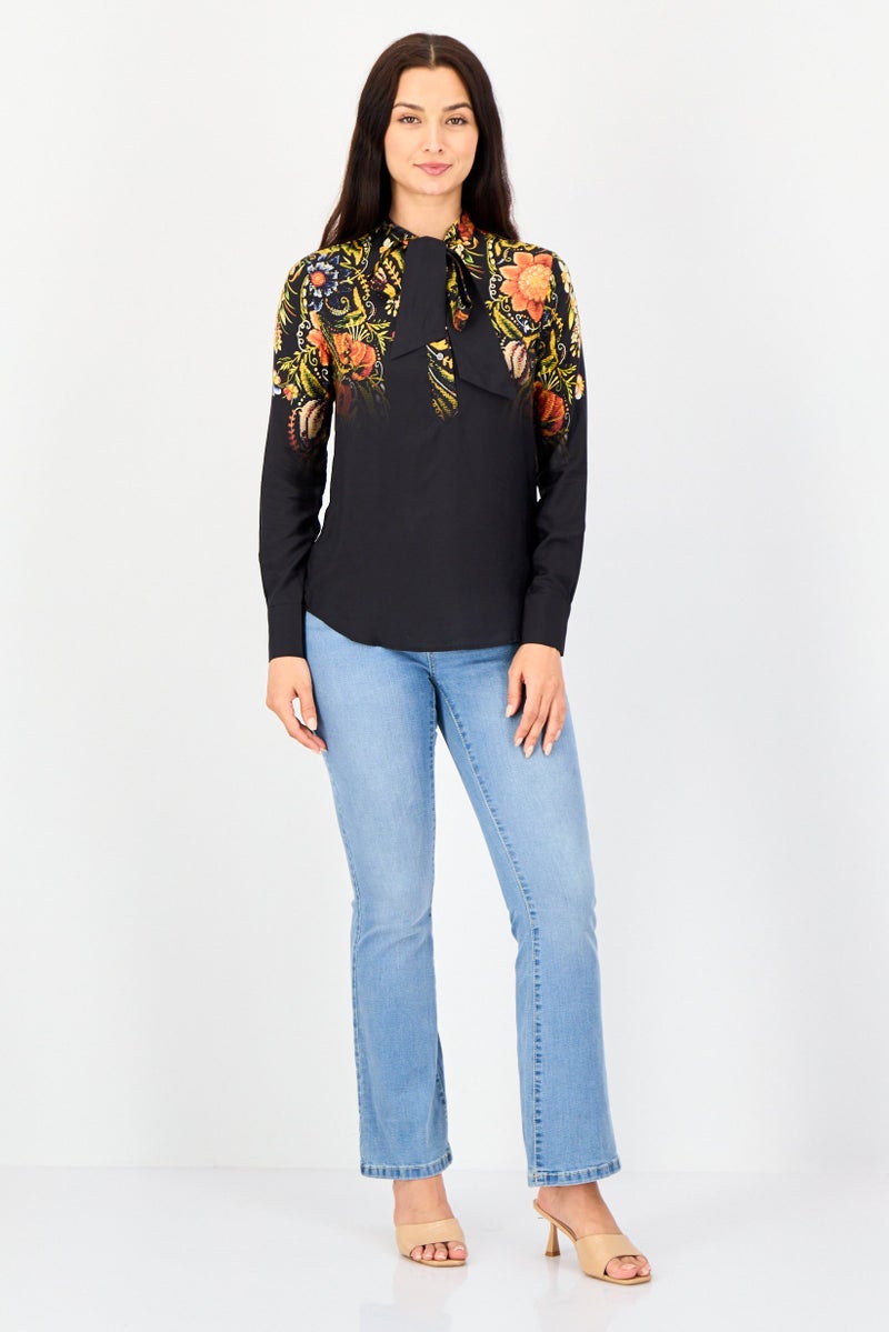 DESIGUAL Women Tie Neck Long Sleeves Floral Print Blouse, Multicolor - Image 4