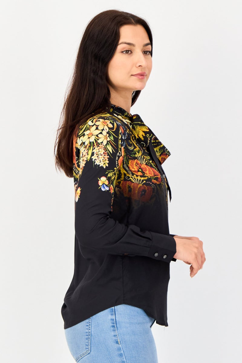 DESIGUAL Women Tie Neck Long Sleeves Floral Print Blouse, Multicolor - Image 2