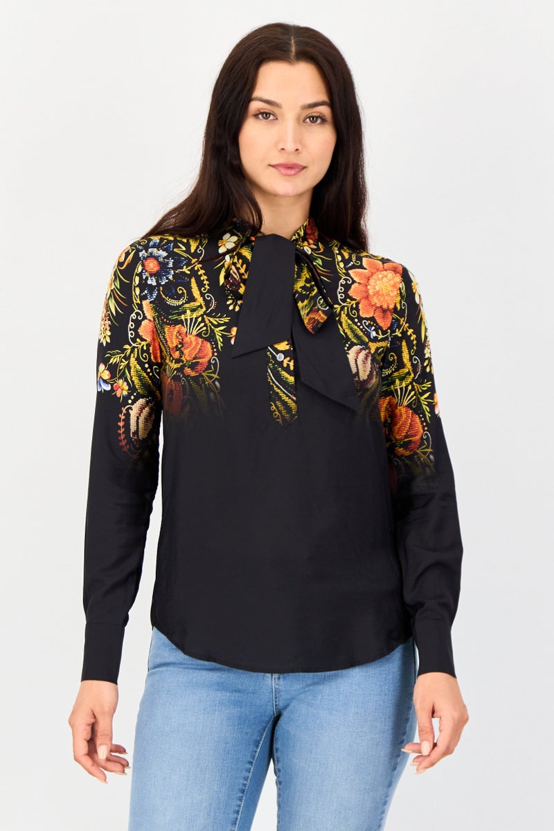 DESIGUAL Women Tie Neck Long Sleeves Floral Print Blouse, Multicolor - Image 1
