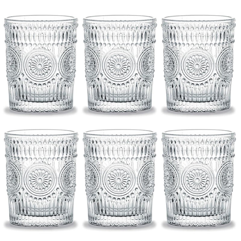Kingrol 6 Pack 9 oz Romantic Water Glasses Premium Drinking Glasses Tumblers Vintage Glassware Set for Juice Beverages Beer Cocktail