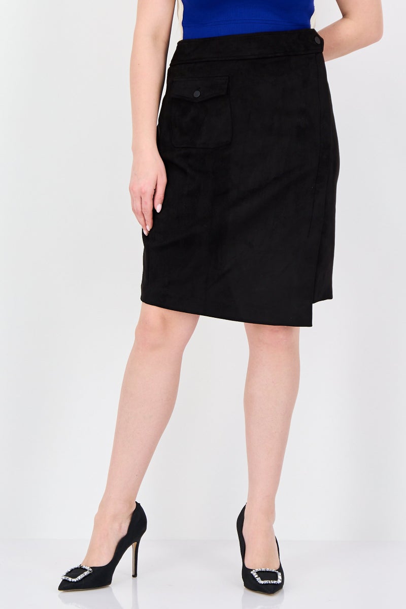 ANNE KLEIN Women Solid Cargo Pocket Asymmetrical Skirts, Black - Image 1