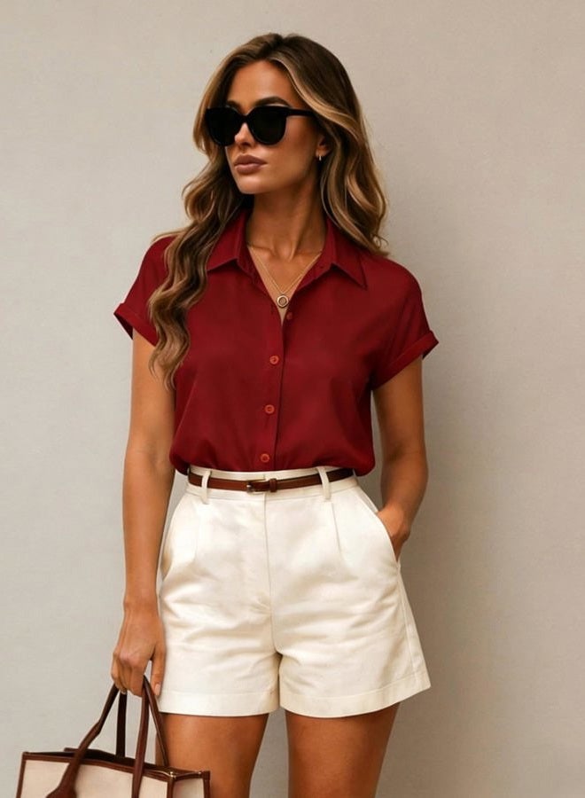 zeagoo Womens Button Down Blouse Rolled Cuffed Short Sleeve Shirts Casual Work Blouse Summer Hawaiian Outfits, Red, L - Image 5