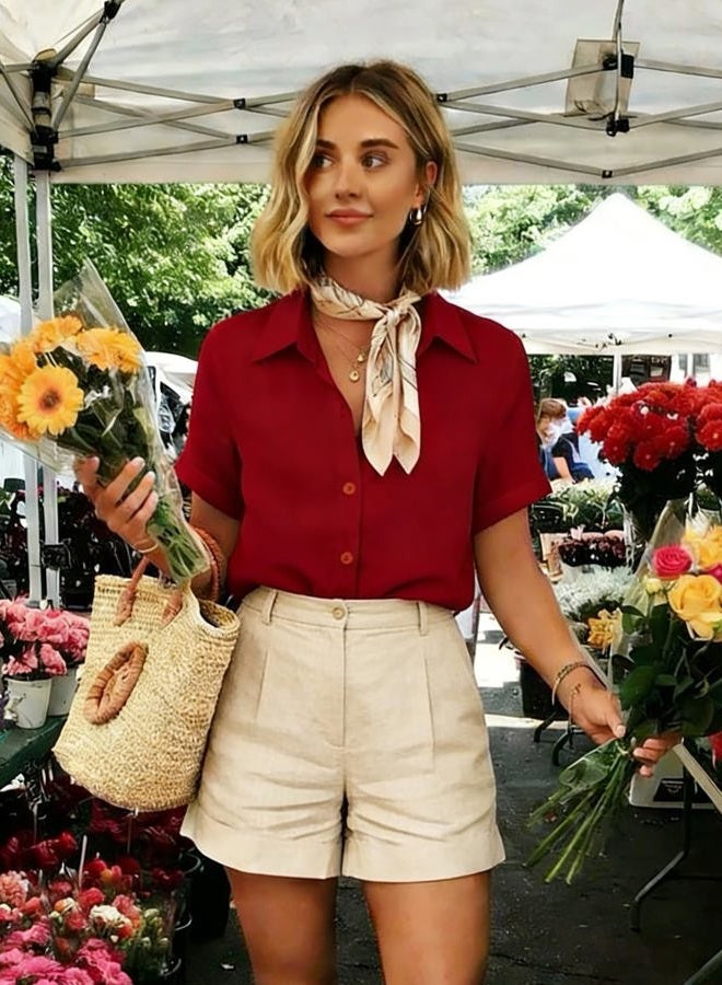zeagoo Womens Button Down Blouse Rolled Cuffed Short Sleeve Shirts Casual Work Blouse Summer Hawaiian Outfits, Red, L - Image 4