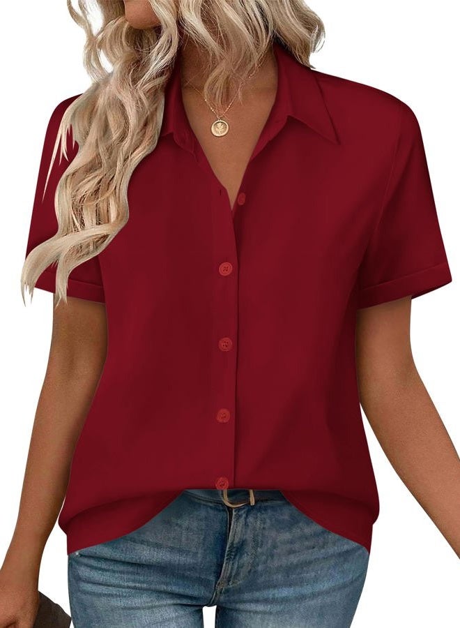 zeagoo Womens Button Down Blouse Rolled Cuffed Short Sleeve Shirts Casual Work Blouse Summer Hawaiian Outfits, Red, L - Image 1