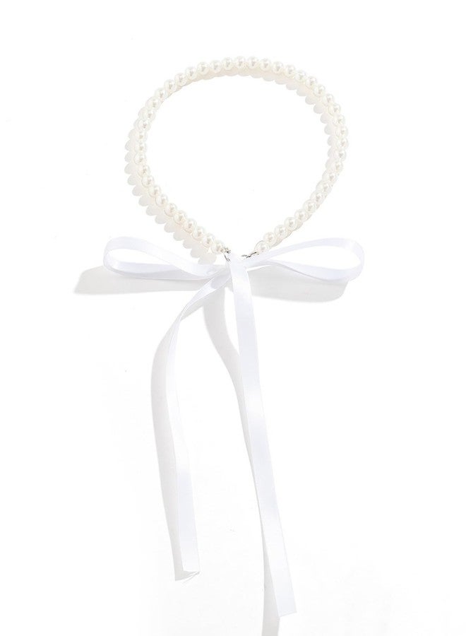 RECTYO GALLERY 1 Pcs Premium Boho Pearl Bow Choker Necklace Black Long Ribbon Bow Collarbone Chain Vintage Pearl Beaded Choker Necklace Birthday Party Jewelry for Women - Image 3