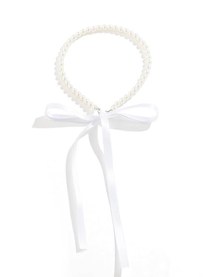 RECTYO GALLERY 1 Pcs Premium Boho Pearl Bow Choker Necklace Black Long Ribbon Bow Collarbone Chain Vintage Pearl Beaded Choker Necklace Birthday Party Jewelry for Women - Image 1